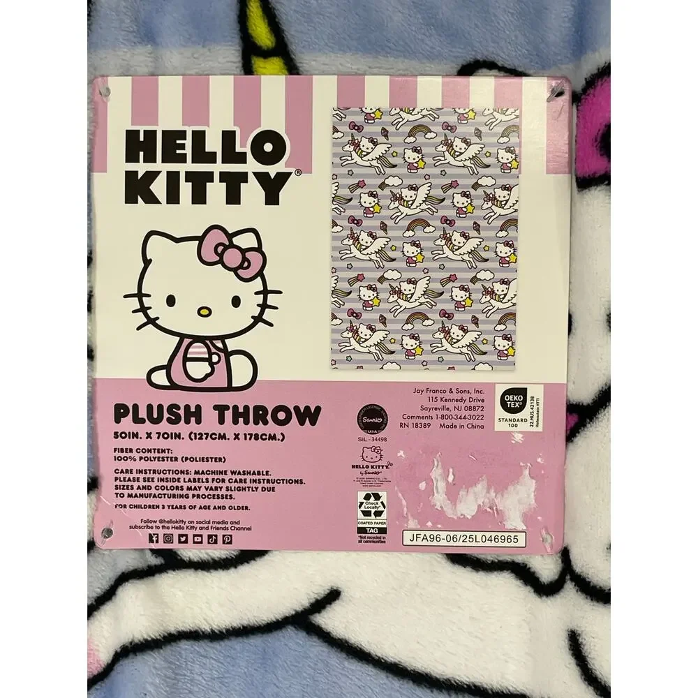 Hello Kitty Plush Throw Blanket 50 x 70 Unicorn Rainbow Blue Stripe Sanrio NEW